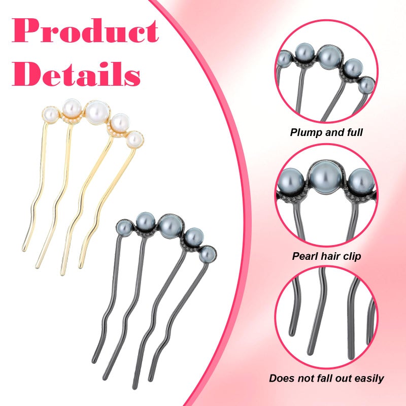 Ajcotahm 2 Pcs Pearl Hair Pins for Buns, Metal U Shaped Hair Fork Vintage French Twist Hair Side Combs for Women Girls Hair Styling Accessories for Wedding Party Holiday Daily - Image 3